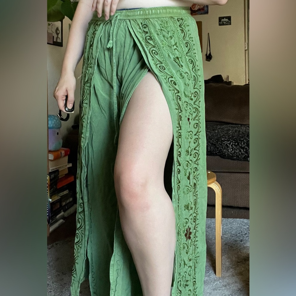 green floral hippie flowy pants with slits on both legs